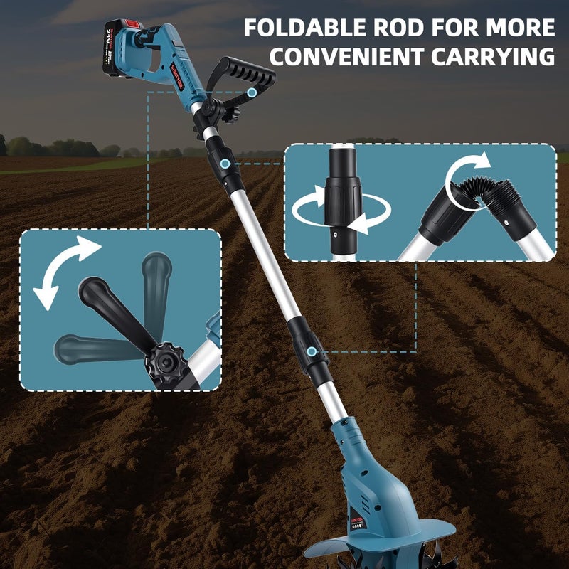 SHINTYOOL 21v Cordless Tiller, 8-Inch Wide 4.0 Ah Battery Powered Garden Cultivator, Cultivator with Steel Tines and Battery Capacity Display, Rototiller for Lawn/Gardening/Soil Cultivation (Blue) by - Image 4